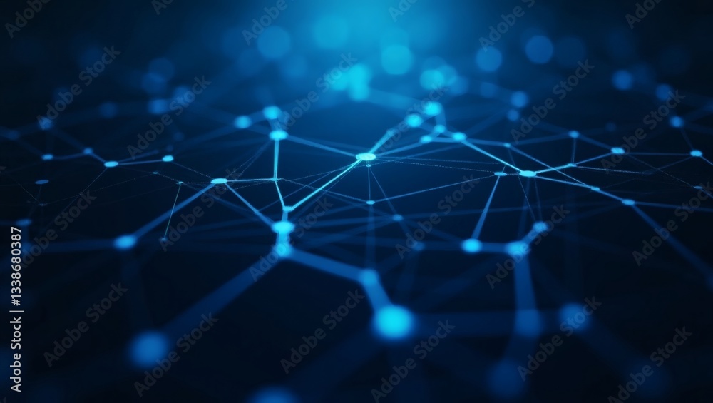 Poster a blue digital network with interconnected lines and glowing nodes, representing modern technology and communication