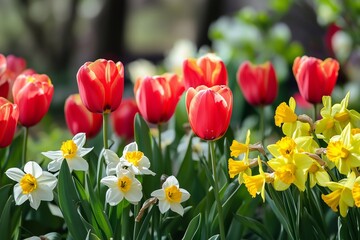 Obraz premium Colorful Tulips and Daffodils Bloom Together in a Beautiful Garden During Springtime Generative AI