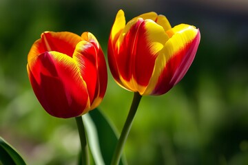 Vibrant Two-Tone Red and Yellow Tulips Blooming in a Sunny Garden During Springtime Generative AI