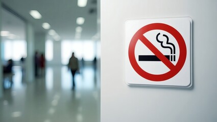 a no smoking sign indoors, with a person walking in background 