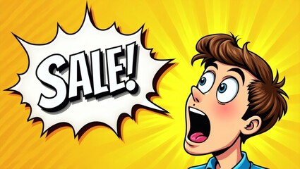 an illustration of a young man shouting "SALE!" with an excited expression, with a yellow background