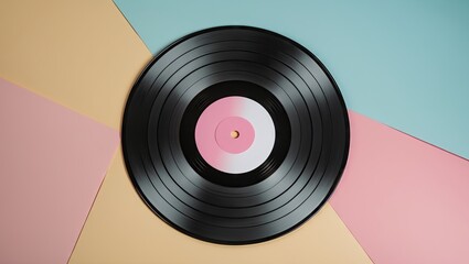 Fototapeta premium Vinyl record positioned centrally on a pastel pink and blue geometric background featuring soft yellow tones creating a retro aesthetic.