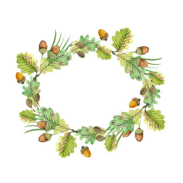 watercolor oak leaves and acorns wreath clip art preview