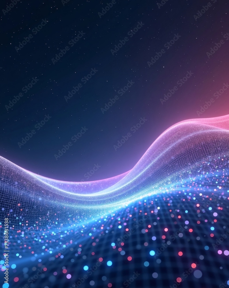 Poster abstract digital waves with a vibrant blue and pink color scheme. the background has a starlit sky