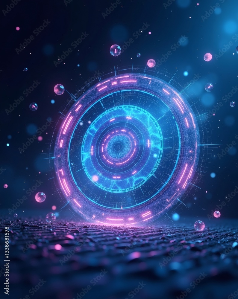 Poster futuristic, glowing circular technology in a dark environment with neon lights and bubbles