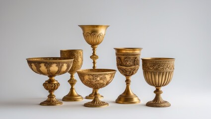 Antique golden goblets and bowls arranged in a semi-circle on a light gray background showcasing intricate detailing and vintage elegance.