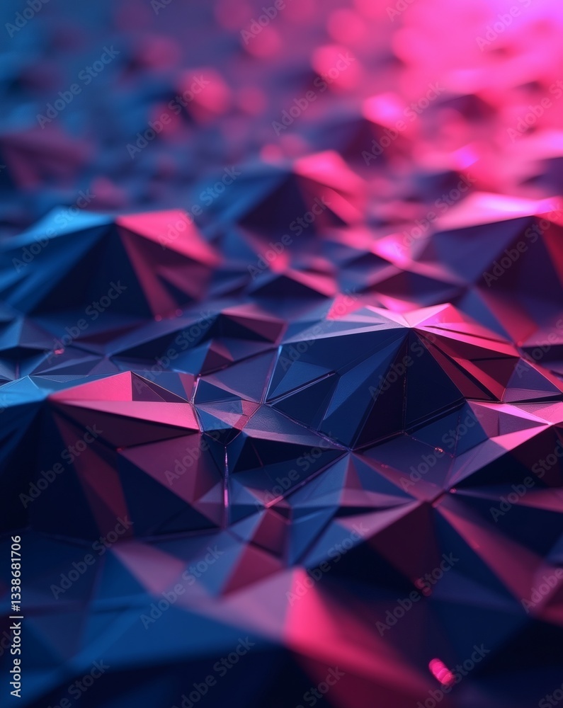 Poster abstract geometric design with a low poly style and a vibrant neon color palette of blue and pink