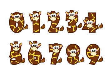 Funny Character Giraffe Numbers, figures 0-9. Cartoon of numbers with a animal concept. Calligraphy, lettering, typography for your Education cards or game