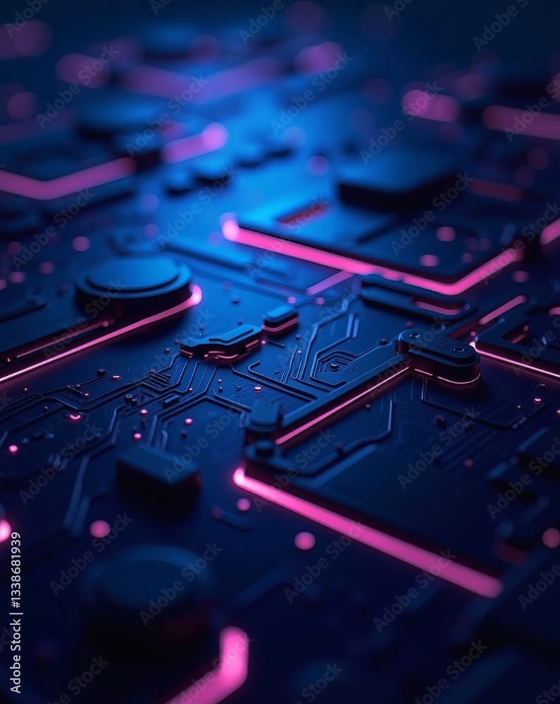 Poster detailed view of a circuit board, displaying complex electronic components. The board features neon blue and pink lines, creating an eye-catching and modern look