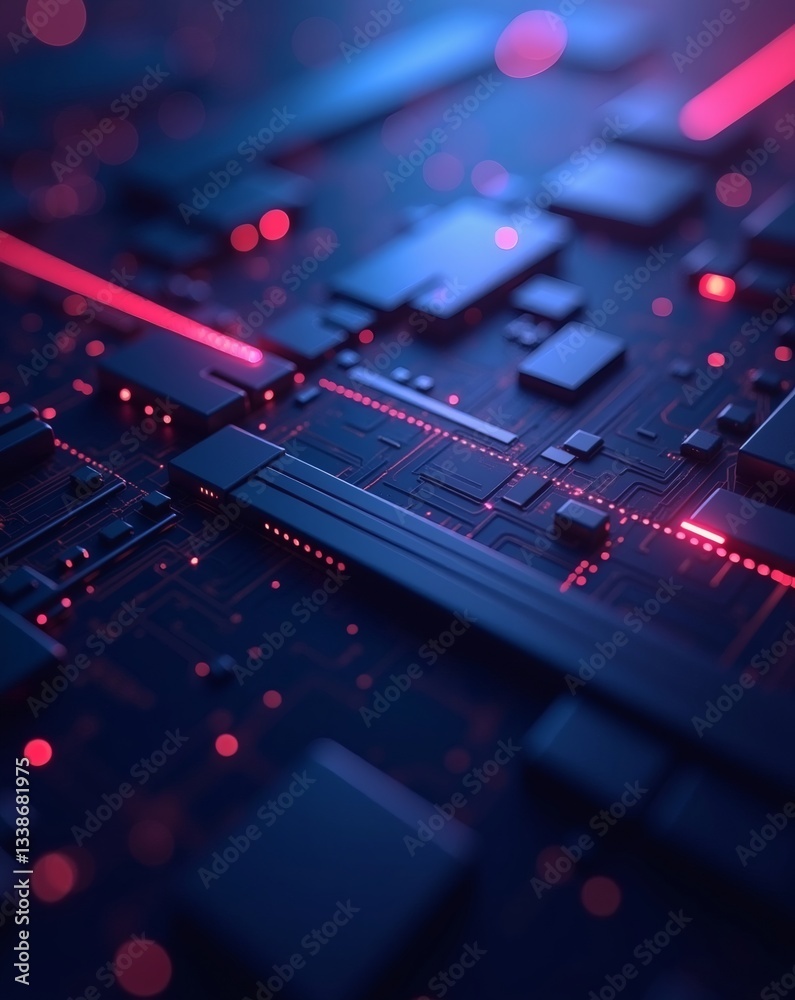 Poster a close-up image of an intricate circuit board with vibrant red and blue lights