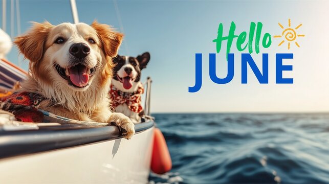 Hello June hand lettering with realistic cute dogs on a sailboat . Adorable puppies on a calm ocean with "Hello June" in Warm Sunset Light. Pet photography with Hello June lettering with pets. 
