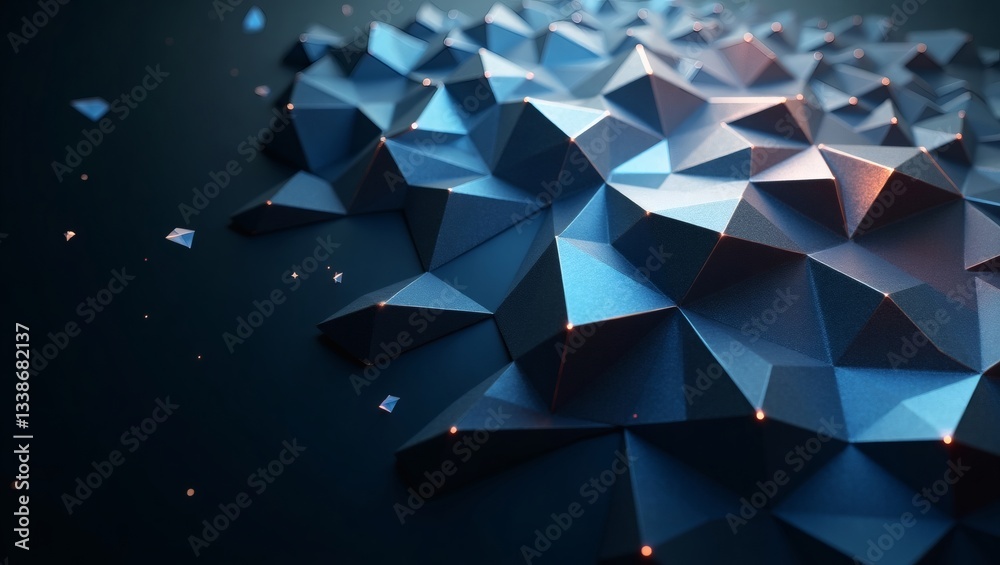 Poster a low poly digital graphic in shades of blue with intricate details. The triangles create a captivating geometric pattern, creating depth and dimension