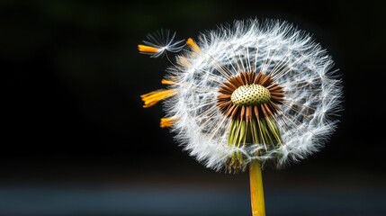 Close up of a dandelion with a single seed head blowing in the wind
