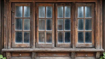 Fototapeta premium Traditional vintage wooden window with multiple panes, aged brown wood texture, subtle reflections, centered composition against rustic backdrop.