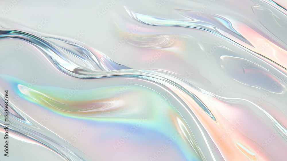 Poster ethereal flow: abstract image of a fluid iridescent surface shimmering with a spectrum of light and 