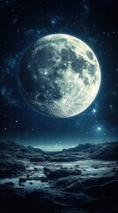 Ethereal lunar landscape with a glowing moon illuminating a rocky terrain under a starry night sky creating a serene and mystical atmosphere