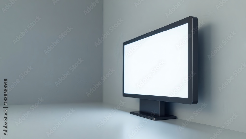 Poster a modern computer monitor with a blank screen standing in the corner of a room 