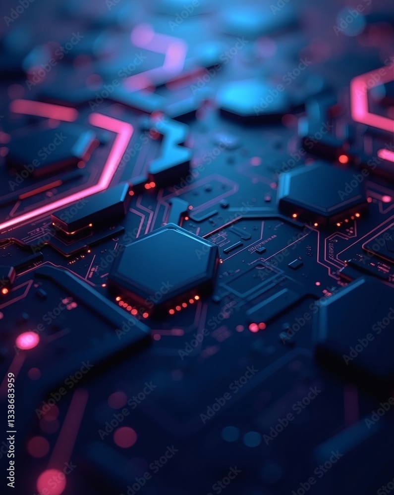 Poster close up of a digital circuit board with glowing red and blue lights, representing technology and in