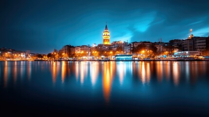 Fototapeta premium A breathtaking view of Istanbul's skyline, showcasing the prominent Galata Tower amidst shimmering waters reflecting evening lights under a stunning blue sky.