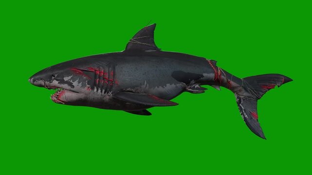 A killer Shark angry scene from left 3D rendering animation on green screen or chroma key video clip