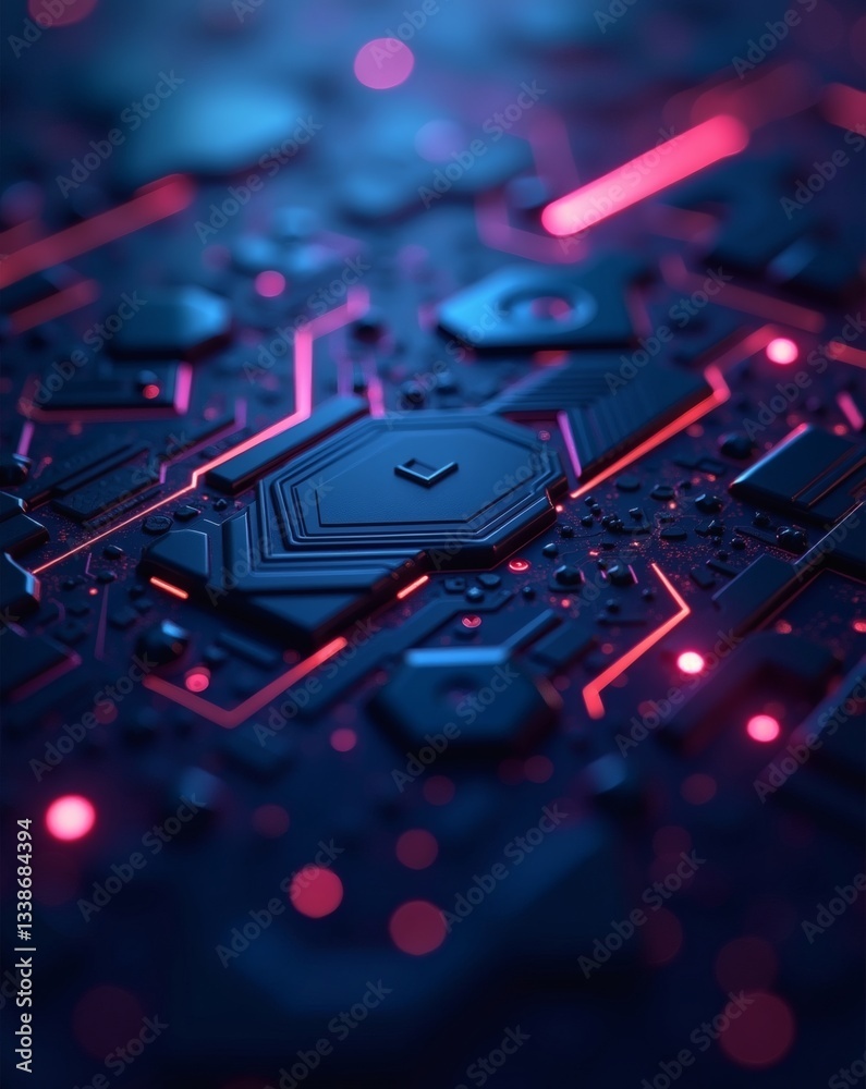 Poster intricate close-up of a futuristic circuit board with glowing red lines