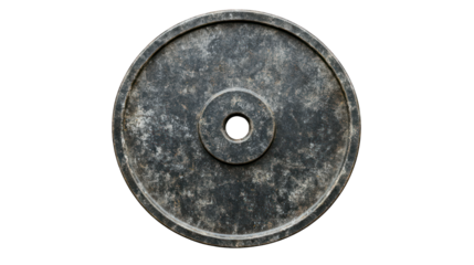 A detailed image of a weight plate with a rugged finish on a transparent background