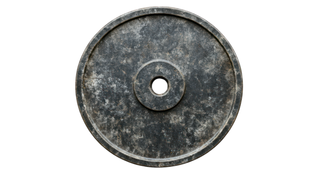 A detailed image of a weight plate with a rugged finish on a transparent background