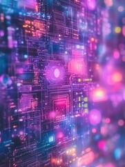 Futuristic circuit board design with vibrant neon lights illuminating complex digital pathways and abstract data flow for modern technology