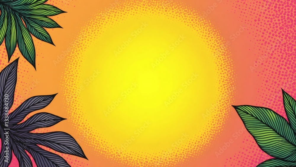 Poster a vibrant illustration of a tropical sunset with lush leaves. the image has a warm color palette, pe