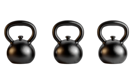 A functional training kettlebell set in various weights on a transparent background