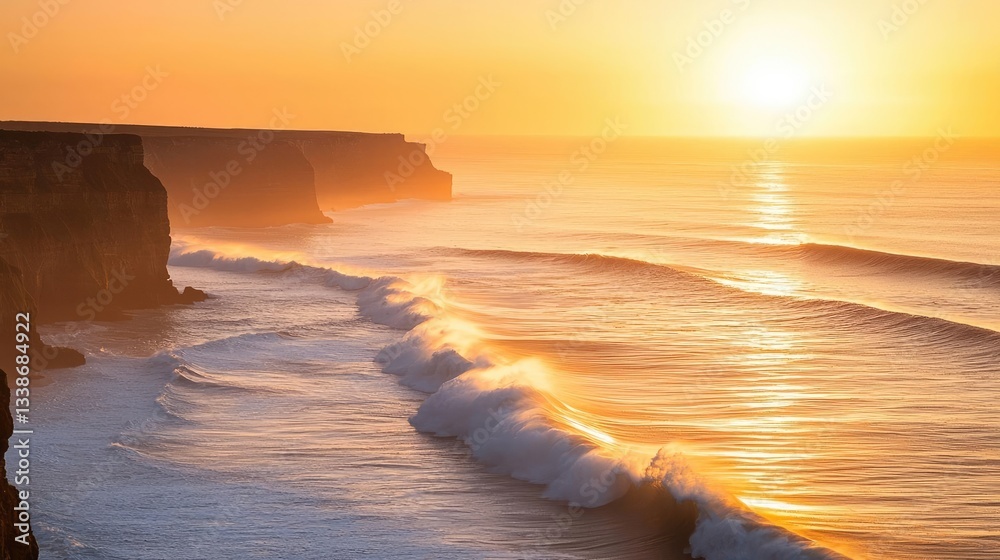 Poster seaside cliffs landscapes idea. serene sunset over ocean waves with cliffs reflecting golden light.