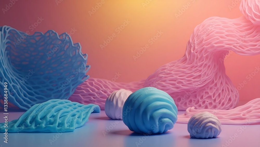 Aufkleber abstract 3d rendering of wavy lines and spheres in pastel colors creating a surreal and artistic composition. The colors blend seamlessly creating a sense of serenity 