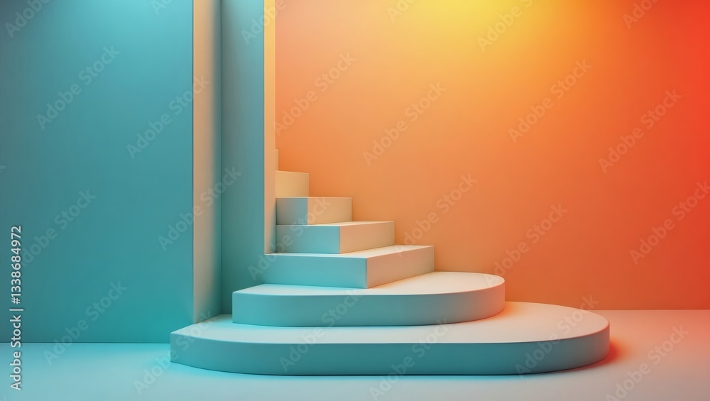 Poster a modern staircase and platform with vibrant lighting, perfect for product display or presentation. The scene has gradient walls creating a striking backdrop