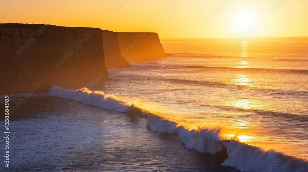 Poster seaside cliffs landscapes idea. stunning sunset over ocean waves and cliffs, creating a tranquil, go