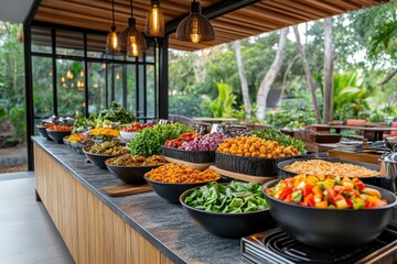Abundant salad bar with fresh ingredients at tropical resort, showcasing healthy eating, vibrant colors, and inviting atmosphere, perfect for culinary travel