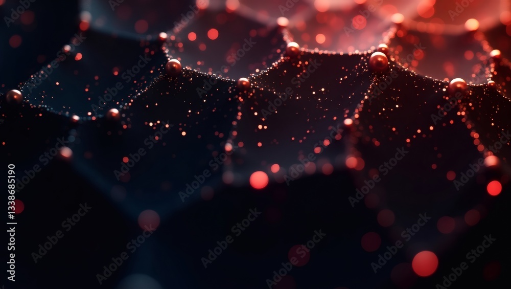 Aufkleber intricate, abstract hexagonal pattern with a futuristic and technological vibe. The image features a network of interconnected nodes glowing with a red light