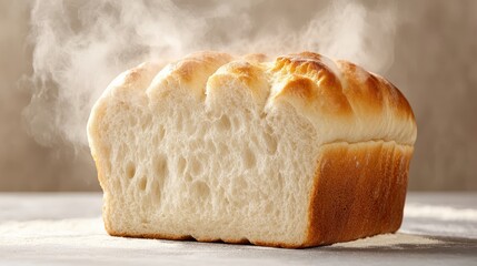 A freshly baked loaf of bread displaying steam rising from its golden crust, emphasizing its mouthwatering appeal and heartwarming qualities of homemade goodness.