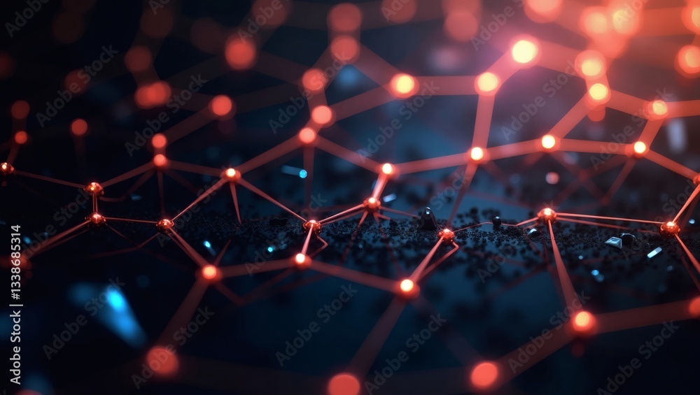 Poster a futuristic digital network with interconnected nodes in vibrant shades of red and blue, suggesting