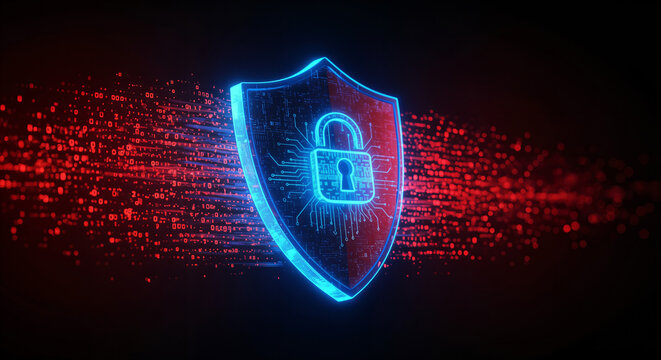 Cybersecurity shield with AI iconography: glowing lock protected by binary code streams, red vs. blue contrast, dynamic angles for posters or cybersecurity campaigns