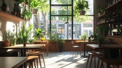 Fototapeta premium Sunny cafe interior with plants and city view. Possible use Stock photo