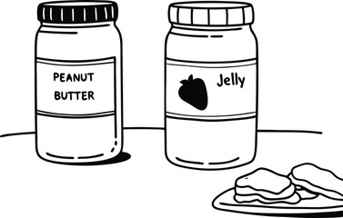 Black and White Illustration of Jam and Spread Jars on Checkered Tablecloth
