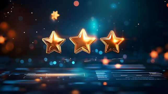 5. A glowing, interactive web page with five golden stars floating above a satisfaction survey form, smooth user experience design