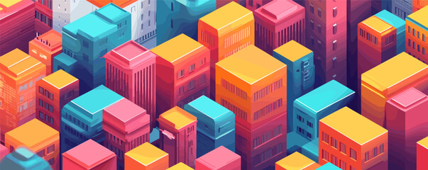 Obraz premium Vibrant urban illustration of colorful geometric buildings in abstract city landscape.