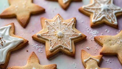 Star-shaped cookies with white icing and sprinkles, arranged on a pastel pink background, creating a festive Christmas theme.
