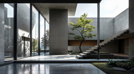 A spacious modern atrium with a tree and open glass walls.