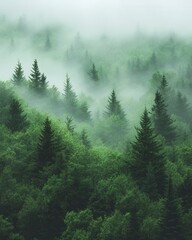 Fototapeta premium Misty Forest Landscape with Evergreen Trees and Dense Fog Creating a Serene and Mysterious Atmosphere in Nature