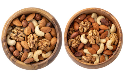 Nuts in a wooden bowl set, Fresh delicious nuts collection isolated