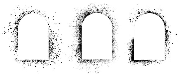 Set of black frames, arch spray stencils isolated on white background. Urban street graffiti style. Airbrush paint splatter borders, grunge street art with splash effect and drops. Vector