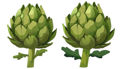 Two fresh green artichokes that have layered leaves and thick stems are isolated on a white background, showcasing a creation from Generative AI. The artichokes' unique structure and vibrant green 