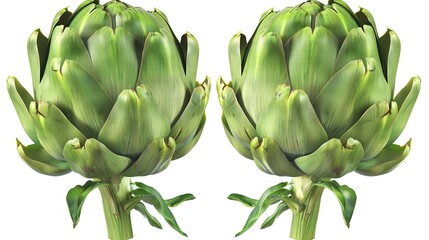 Fototapeta premium Two fresh green artichokes that have layered leaves and thick stems are isolated on a white background, showcasing a creation from Generative AI. The artichokes' unique structure and vibrant green 